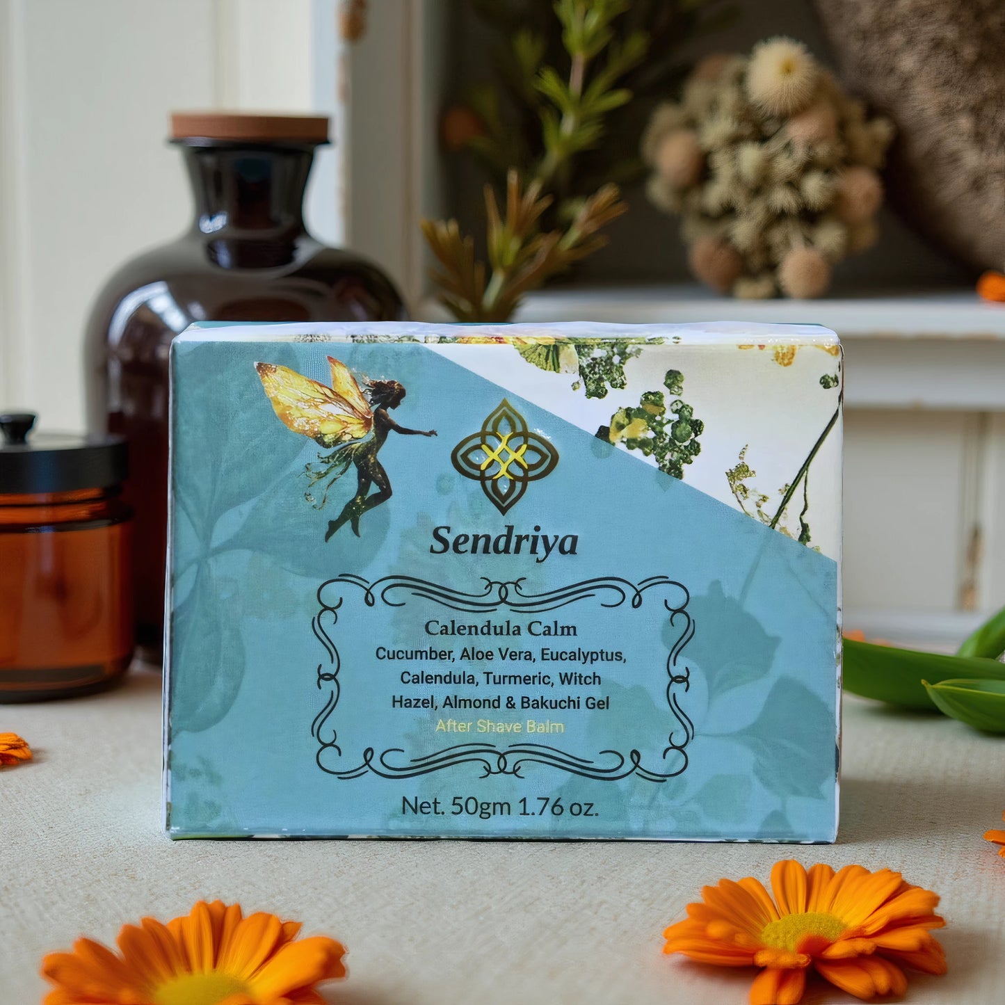 Calendula Calm: Cucumber, Aloe Vera, Eucalyptus, Calendula, Turmeric, Witch Hazel, Almond & Bakuchi Gel: After Shave Balm