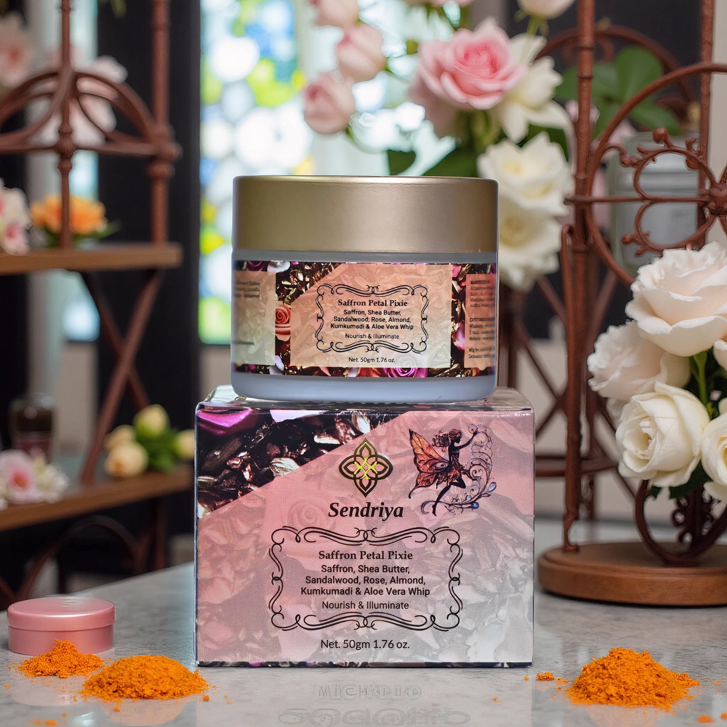 Saffron Petal Pixie : Saffron, Shea Butter, Sandalwood, Rose, Almond, Kumkumadi & Aloe Vera Whip : Nourish & Illuminate